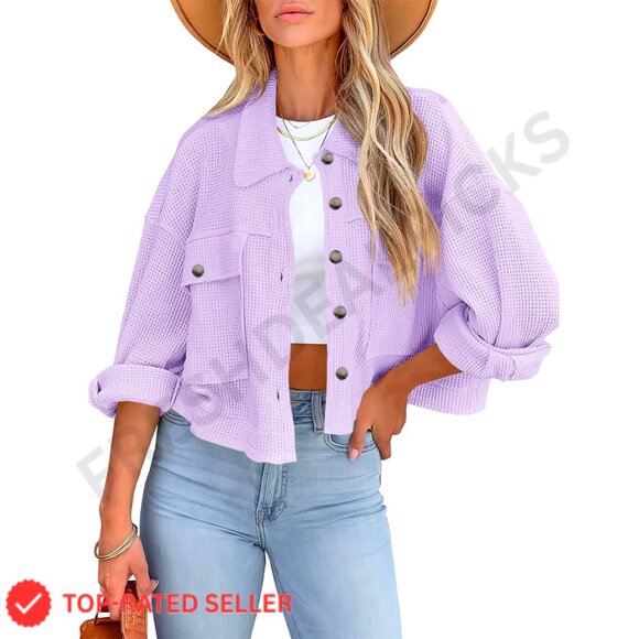 Waffle Knit Cropped Shacket Lightweight Button Down with Pockets